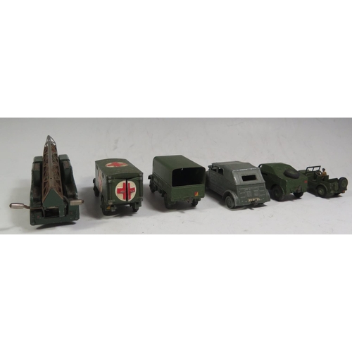 201A - Six Dinky Army/Military Vehicles Including a Volkswagen KDF, Austin Champ, Field Artilerry Tractor a... 