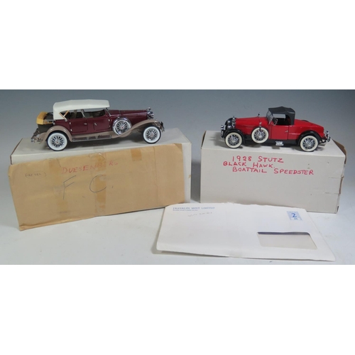 211 - Two Franklin Mint 1:24 Models, 1930 Dussenburg J Derham Tourster, 1928 Stutz Black Hawk Boattail Spe... 