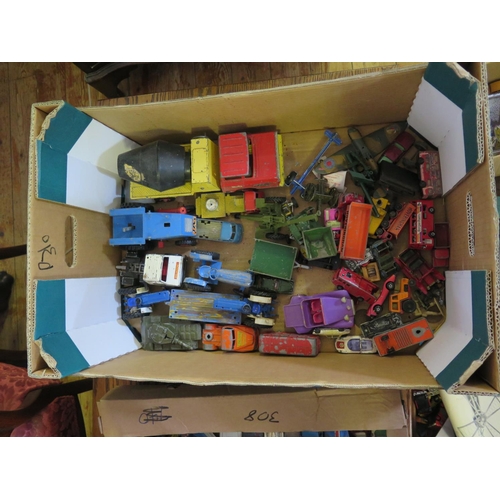 310 - Two Boxes of Assorted Play Worn Toy Cars and Lead Figures etc.