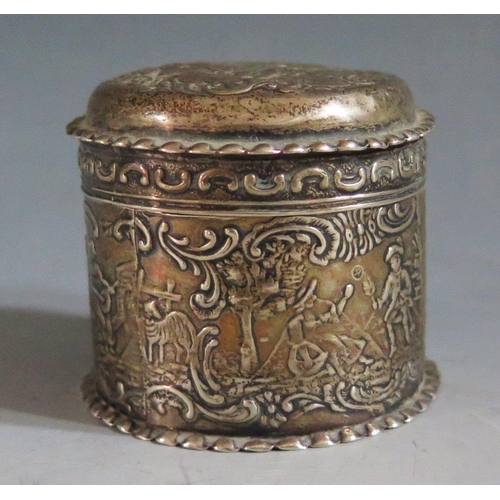 328 - A 19th Century Dutch .930 Silver Cylindrical Box decorated with embossed figured and scroll work, im... 