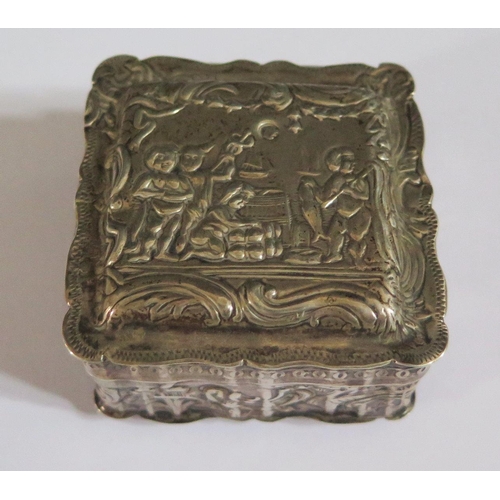 329 - A 19th Century Dutch Silver Hinged Square Box with embossed decoration of maritime scene to the lid,... 