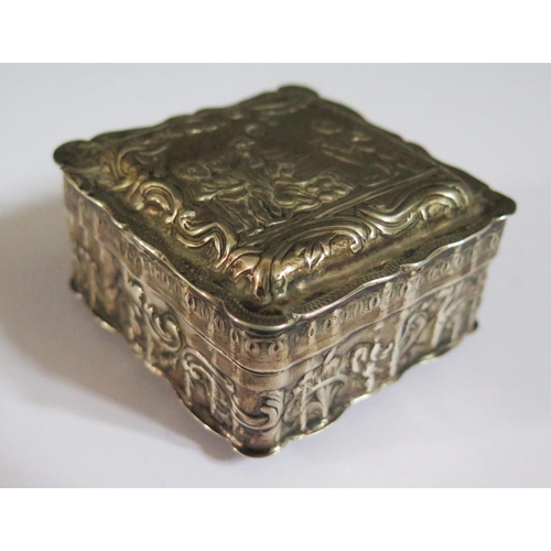 329 - A 19th Century Dutch Silver Hinged Square Box with embossed decoration of maritime scene to the lid,... 