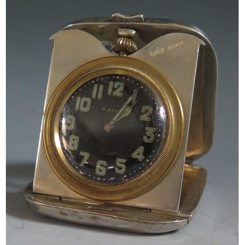 349 - A George V Silver Folding 8 Day Travel Clock, Chester 1915, Grey & Co., running. Case with split