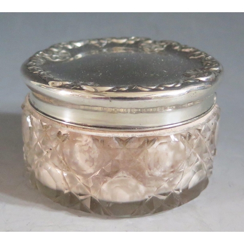 381 - A Sterling Silver Top Cut Glass Dressing Table Pot, 8cm diam.