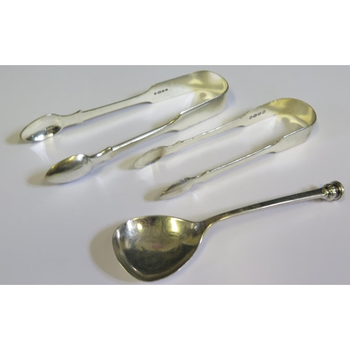 388 - Two Pairs of Sterling Silver Sugar Tongs and a Chester silver spoon