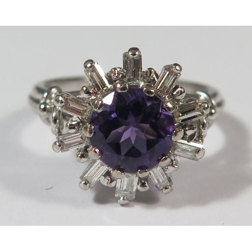 406 - An 18ct White Gold, Amethyst and Baguette Cut Diamond Dress Ring, size L, 6.2g, head of ring 17mm, a... 