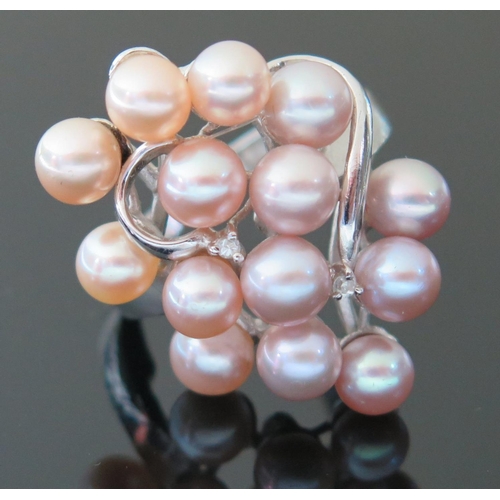 410 - A Modern 18K White Gold, Pink Pearl and Diamond Dress Ring, size Q, 7.8g, ring head 29mm long