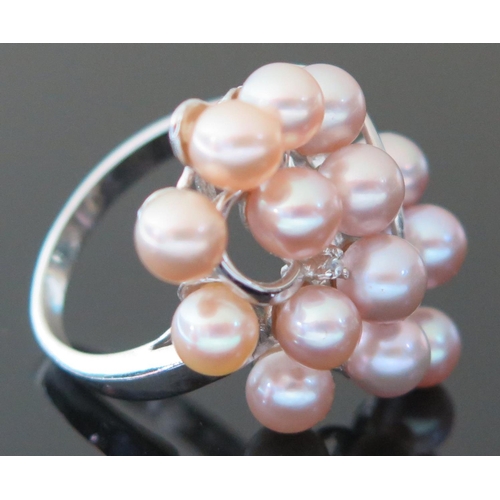 410 - A Modern 18K White Gold, Pink Pearl and Diamond Dress Ring, size Q, 7.8g, ring head 29mm long