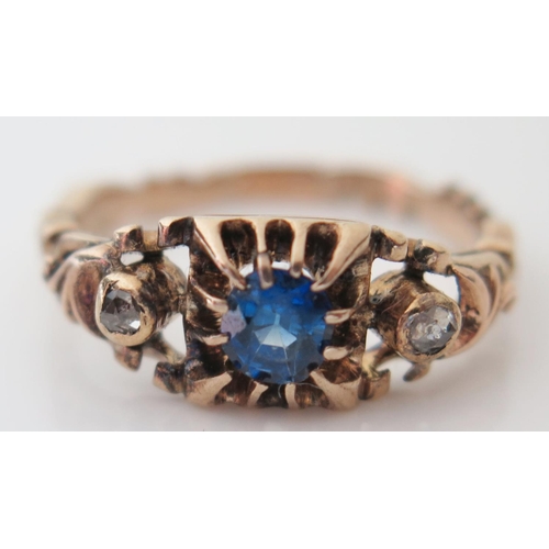 415 - A Georgian Sapphire and Rose Cut Diamond Ring in an unmarked high carat gold setting, size O, 3.8g, ... 