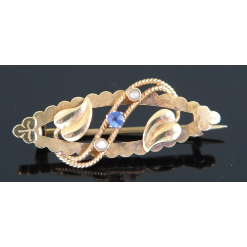 425 - A Victorian 9ct Gold, Sapphire and Pearl Brooch, stamped H&N, 1.7g, 32mm