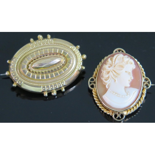 431 - A Victorian Gold Plated Brooch with hair sample and stamped P&S 35x27mm and modern 9ct gold shell ca... 