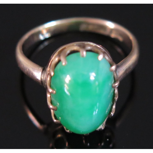 441 - A 9ct Gold and Jadeite Ring by CE & FD LD, size N, 3.9g, stone 14x9mm