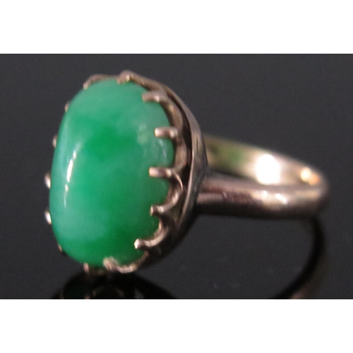 441 - A 9ct Gold and Jadeite Ring by CE & FD LD, size N, 3.9g, stone 14x9mm