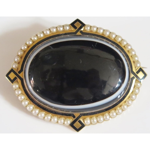 442A - A Large Victorian Banded Onyx and Pearl Brooch in an unmarked high carat gold setting with black ena... 