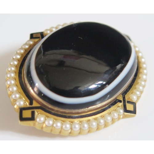 442A - A Large Victorian Banded Onyx and Pearl Brooch in an unmarked high carat gold setting with black ena... 