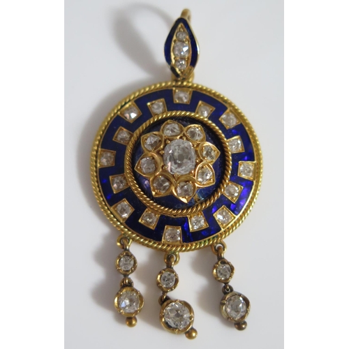 443 - A Fine Victorian Old Cut Diamond and Royal Blue Enamel Pendant in an unmarked high carat yellow gold... 