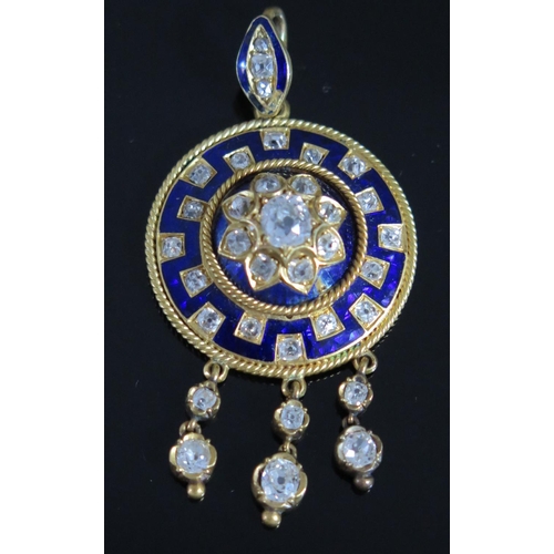 443 - A Fine Victorian Old Cut Diamond and Royal Blue Enamel Pendant in an unmarked high carat yellow gold... 