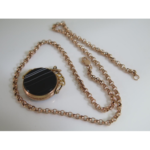 456 - A 9ct Gold Necklace 10.4g 46cm and 9ct gold, bloodstone and banded agate swivel fob 23mm diam.