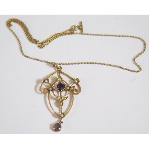 456B - An Amethyst and Peal Pendant in an unmarked gold setting and 9ct gold chain, 47mm drop, 3.6g gross