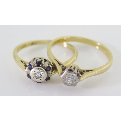 460 - Two 18ct Gold Rings, one with diamond (sizeN) and one with sapphires and diamond (size K), 4.8g