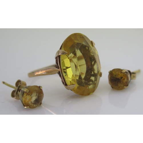 466 - A 9ct Gold and Citrine Dress Ring (size N, 6.2g) and Pair of 9ct Gold and Citrine Stud Earrings, 11m... 