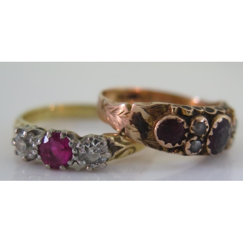 474 - An 18ct Gold, Ruby and Diamond Three Stone Ring size O 3.2g and 9cy ruby and pearl ring size J, 1.9g