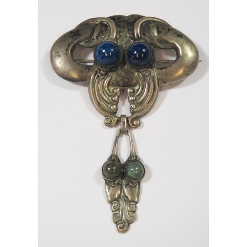 481 - A Secessionist .830 Silver and Hardstone Mounted Brooch, 87mm drop, 20.4g