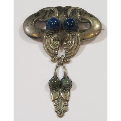 481 - A Secessionist .830 Silver and Hardstone Mounted Brooch, 87mm drop, 20.4g