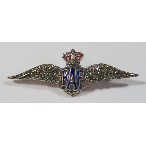 482 - A Silver, Marcasite and Enamel R.A.F. Sweetheart Brooch, 48mm, 5.6g