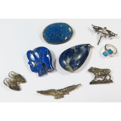 490 - A Lapis Lazulai Pendant 60mm drop, other lapis, silver eagle brooch (Birmingham 1916), silver and ma... 