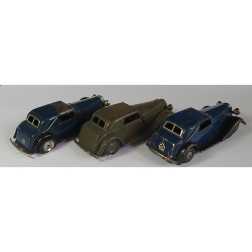 5 - Three Triang Minic 19M Vauxhall Cabriolet Cars. Two in blue and black and the other in camo. Motors ... 