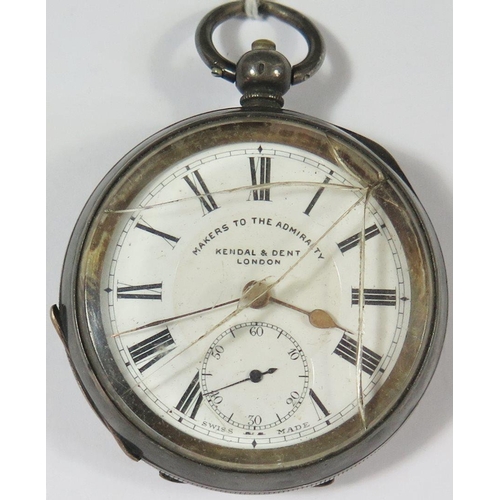 524 - A Kendall & Dent .935 Silver Cased Gent's Open Dial Pocket Watch, running. Glass broken