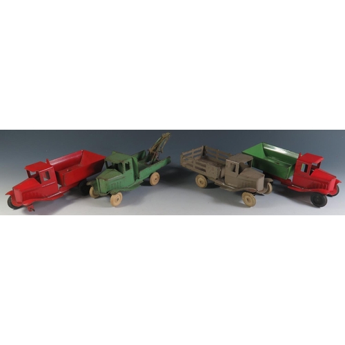 56 - Four Triang Tinplate Trucks, Stake truck and Breakdown Truck