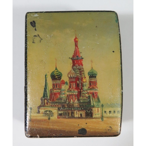 561 - A 19th Century Russian Papier Mache Stamp Box painted with St. Basil's Cathedral, 56x43mm **ADJUSTME... 