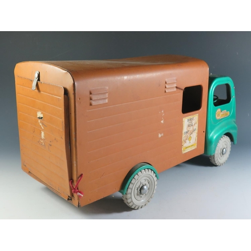 61 - A Large Triang Toys Tinplate Horse Transporter in Metallic Green and Orange-Brown (47cm approx).