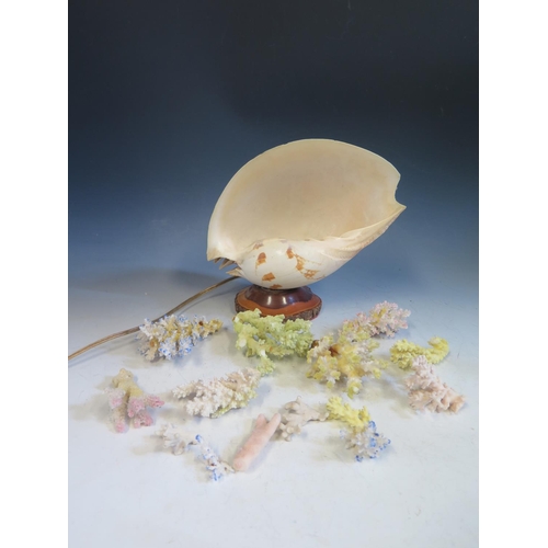 642 - A Seashell Lamp with coral decoration, 27cm long