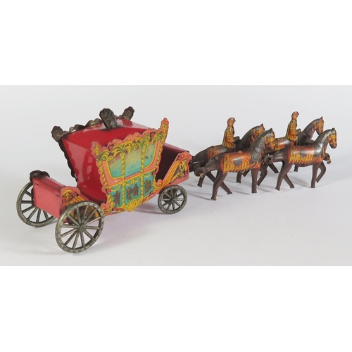 66 - A Wells Brimtoy Tinplate 1937 Coronation Coach (23cm approx).