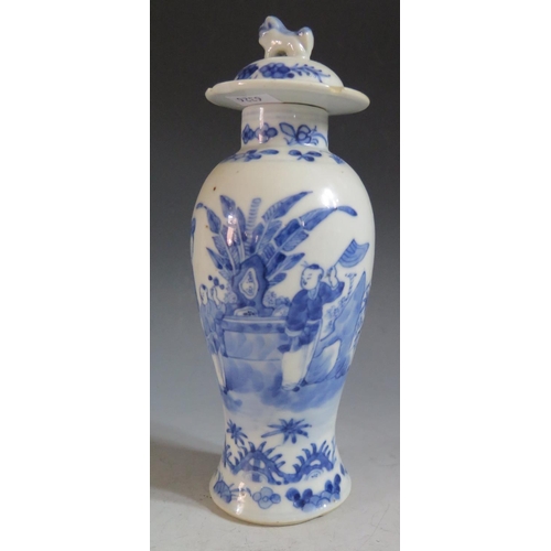 660 - An 18th Century Chinese Blue and White Porcelain Baluster Vase with cover, decorated with a lady hol... 