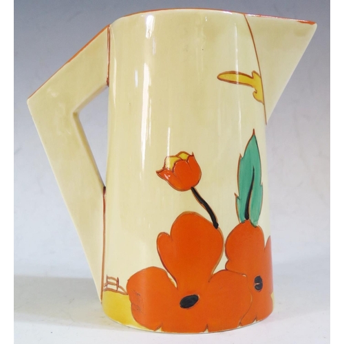 667 - A Rare Clarice Cliff Bizarre Fantasque Red Roofs Pattern Conical Jug, 1932, 16.3cm. Scratch to green... 