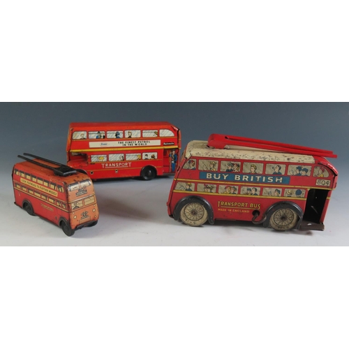 68 - 3 Wells Brimtoys Tinplate Double Deck Buses one with working motor.