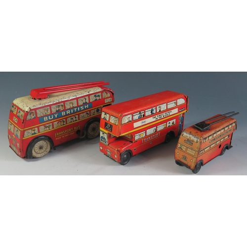 68 - 3 Wells Brimtoys Tinplate Double Deck Buses one with working motor.