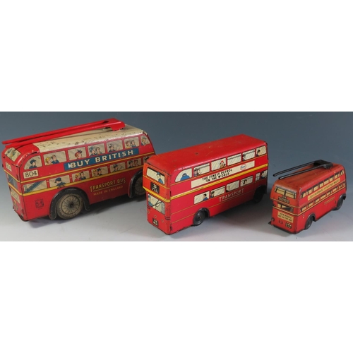 68 - 3 Wells Brimtoys Tinplate Double Deck Buses one with working motor.