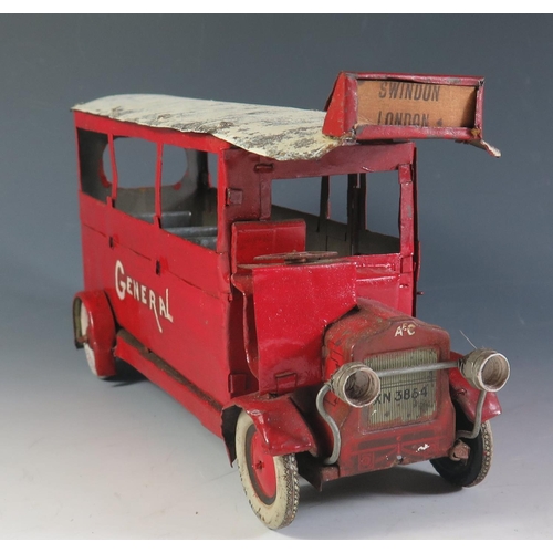 70 - An Unusual Tinplate Bus (mostly repainted). The owner thought this could be made by Distler? (26.5cm... 