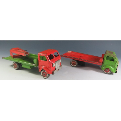 75 - Two Mettoy Clockwork Tinplate Low Loader and Crane Truck, motors work