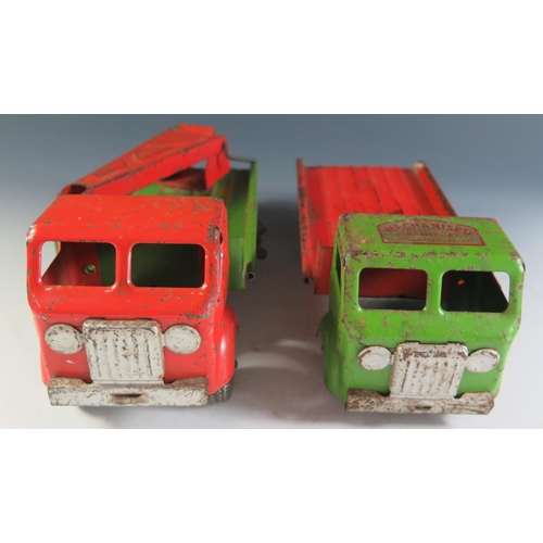 75 - Two Mettoy Clockwork Tinplate Low Loader and Crane Truck, motors work