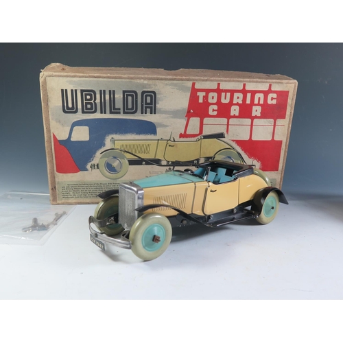 85 - A Chad Valley Ubuilda Clockwork Tinplate Burnett 2 Door Sports Car in blue and cream with black side... 