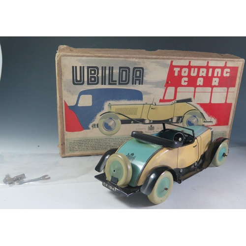 85 - A Chad Valley Ubuilda Clockwork Tinplate Burnett 2 Door Sports Car in blue and cream with black side... 