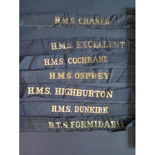 193 - Seven Royal Navy Cap Tally Ribbons _ H.M.S. DUNKIRK, FORMIDABLE, OSPREY, HIGHBURTON, CHASER, COCHRAN... 