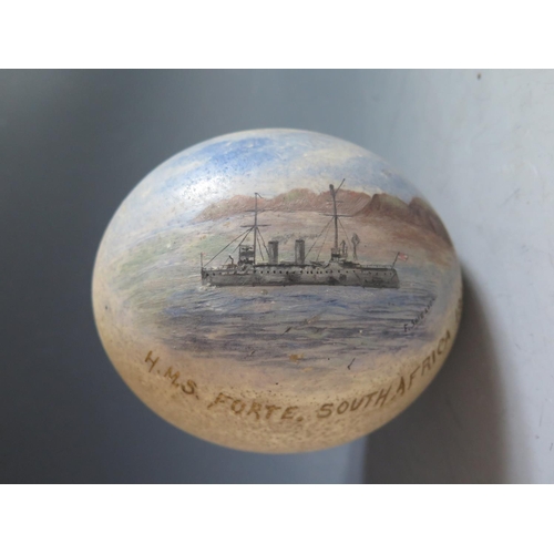 117 - An Ostrich Egg hand painted with a scene of H.M.S. FORTE, SOUTH AFRICA 1905