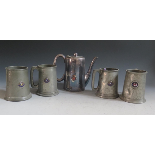 119 - A R.M.S SAXONIA Silver Plated and Enamel Ship's Dining Room Coffee Pot and four pewter ship's mugs